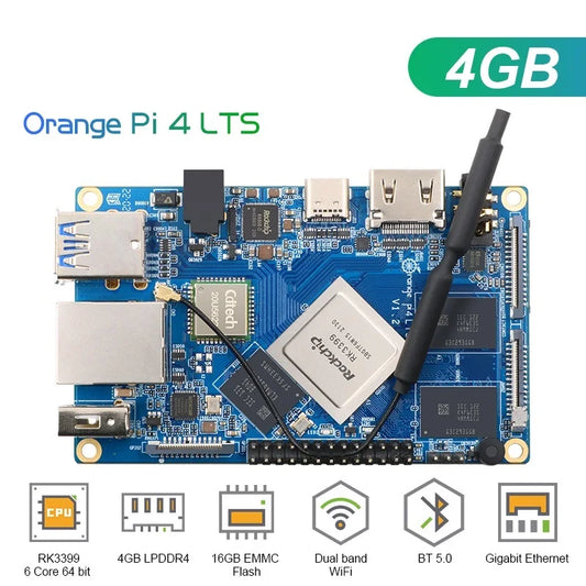 Orange Pi 4 LTS 4GB LPDDR4 16GB EMMC Rockchip RK3399 with WiFi + BT5.0 Gigabit Ethernet - Optional Case, Power Supply, and Heatsinks for OPI 4 LTS