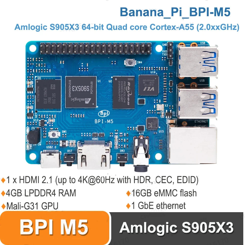 Banana Pi BPI-M5 4GB LPDDR4 Single Board Computer with Amlogic S905X3 – Open-Source Design Compatible with Odroid C4 and Raspberry Pi 4