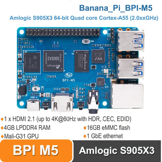 Banana Pi BPI-M5 4GB LPDDR4 Single Board Computer with Amlogic S905X3 – Open-Source Design Compatible with Odroid C4 and Raspberry Pi 4