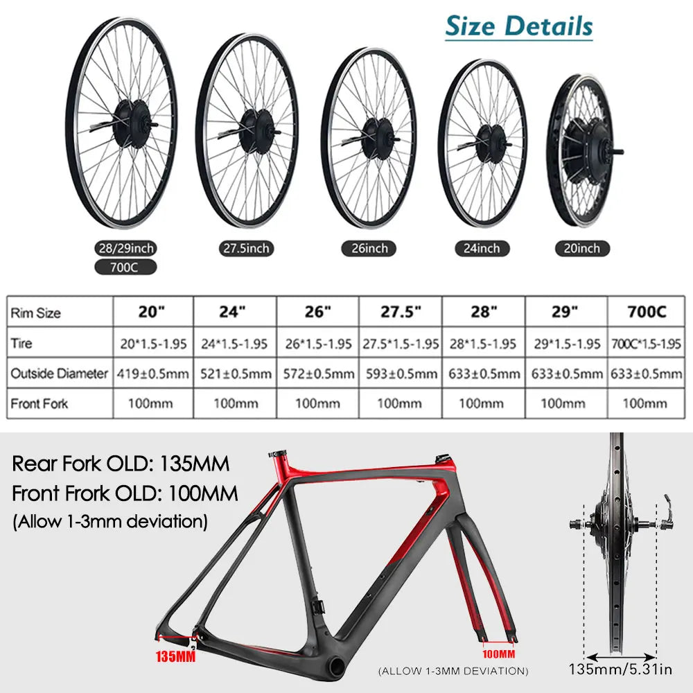 Brushless Hub Motor Wheel for Electric Bicycles - 26inch & 700C Front or Rear E-Bike Conversion Kit - DIY Electric Bike Parts