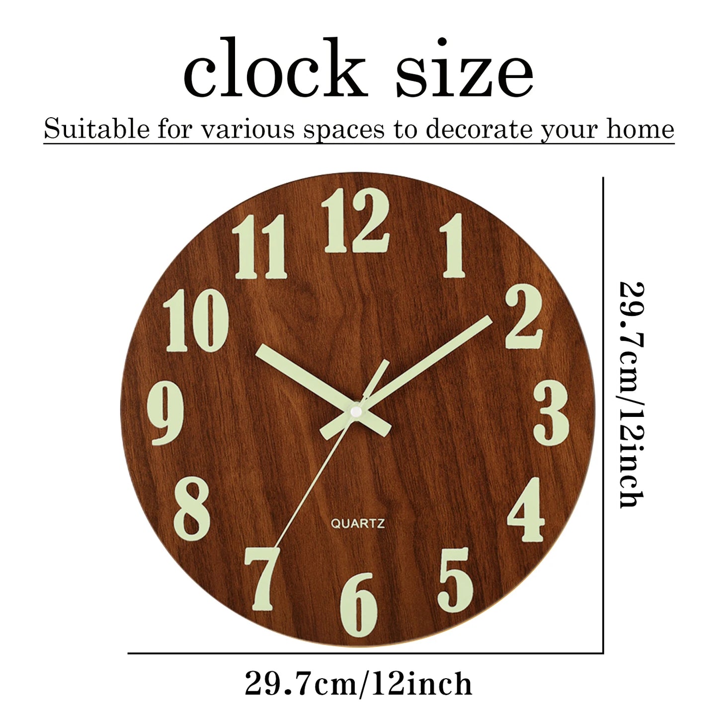 12-Inch Silent Luminous Wall Clock, Nordic Wooden Design, Non-Ticking, Night Light Function for Living Room and Bedroom Décor