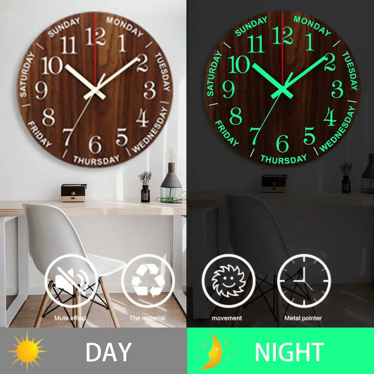Nordic 12-Inch Luminous Silent Wall Clock - Modern Wooden Design with Night Light