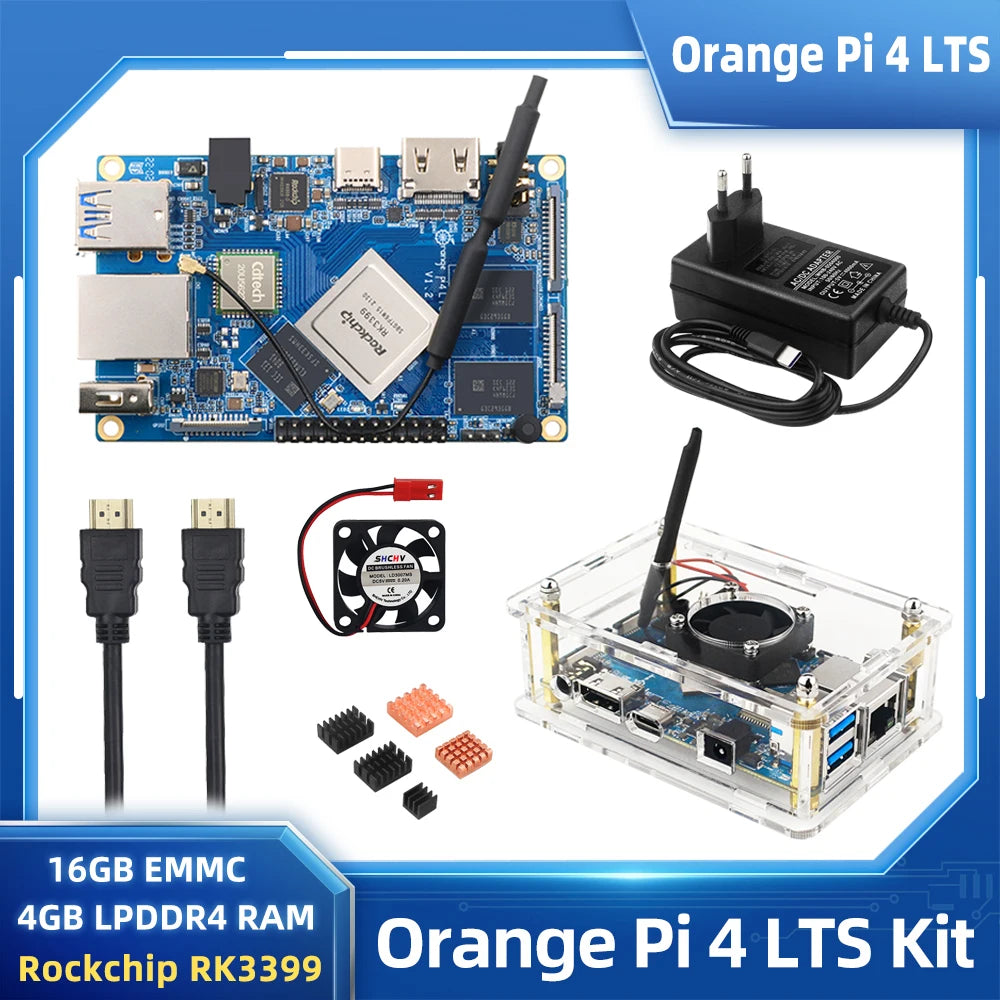 Orange Pi 4 LTS 4GB LPDDR4 16GB EMMC Rockchip RK3399 with WiFi + BT5.0 Gigabit Ethernet - Optional Case, Power Supply, and Heatsinks for OPI 4 LTS