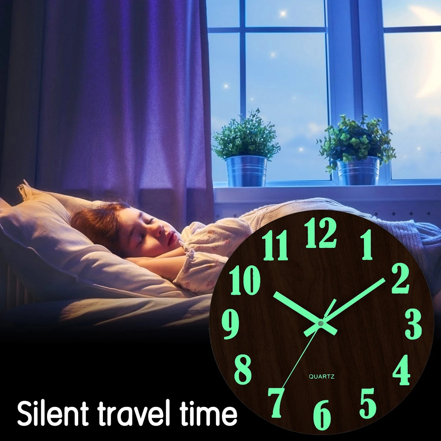 12-Inch Silent Luminous Wall Clock, Nordic Wooden Design, Non-Ticking, Night Light Function for Living Room and Bedroom Décor