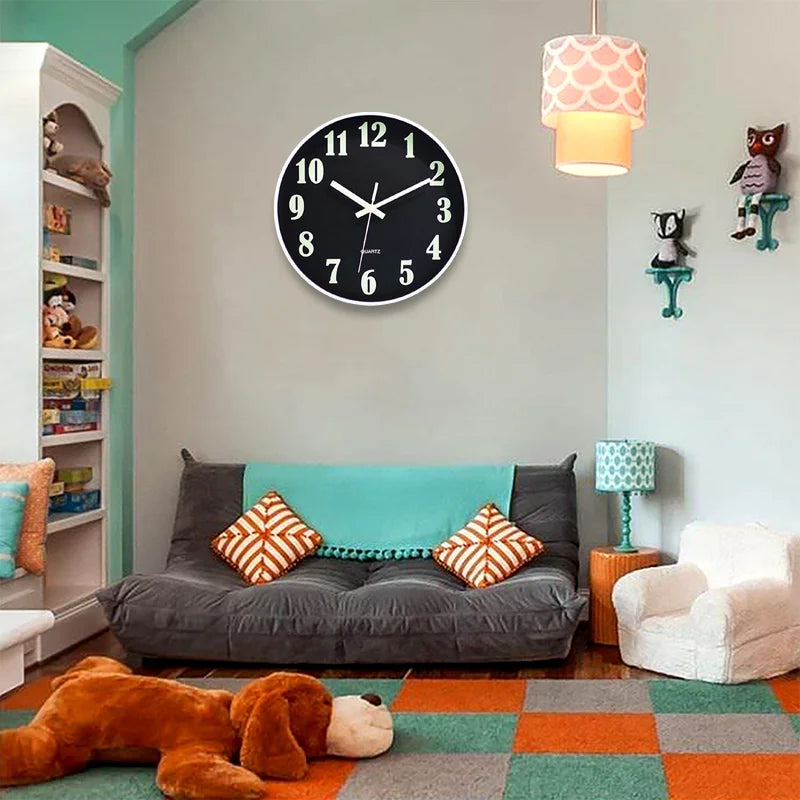 12-Inch Luminous Silent Wall Clock – Glow in the Dark, Non-Ticking, Battery Operated for Bedroom Night Light