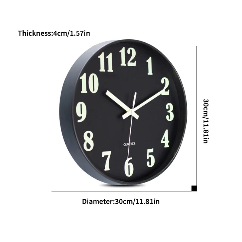12-Inch Luminous Silent Wall Clock – Glow in the Dark, Non-Ticking, Battery Operated for Bedroom Night Light