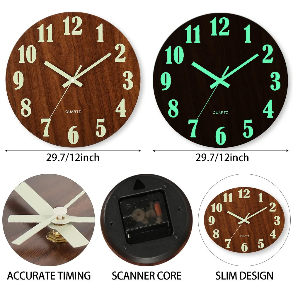 12-Inch Silent Luminous Wall Clock, Nordic Wooden Design, Non-Ticking, Night Light Function for Living Room and Bedroom Décor