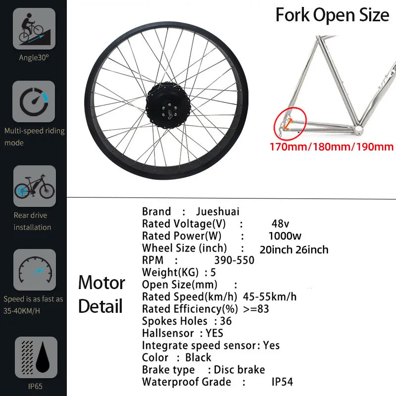Electric Bike Conversion Kit with 20Ah/24Ah Battery, Rear Hub Motor, and 4.0-inch Tire for 20” or 26” Snow Fat Bikes